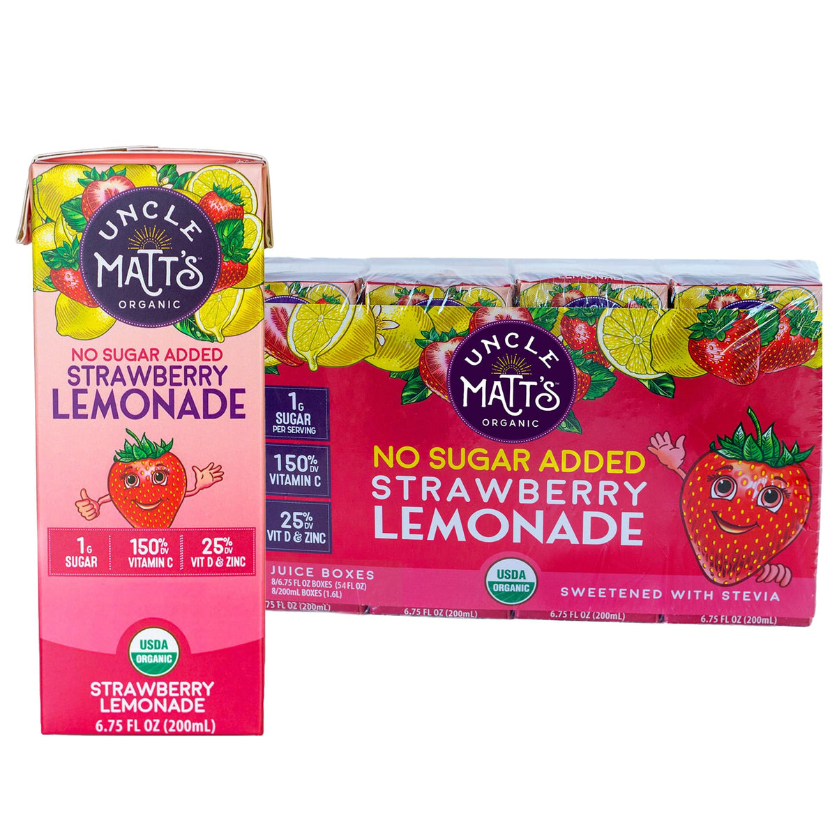 Uncle Matt’s Organic Juice Boxes – 32 Pack No Sugar Added Strawberry Lemonade, 10 Calories, Vitamin C, D & Zinc