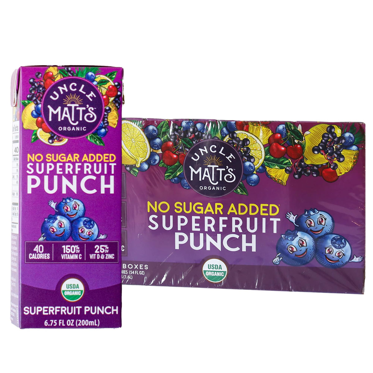 Uncle Matt’s Organic No Sugar Added Superfruit Punch Juice Boxes – 32 Pack, 40 Calories, Vitamins C, D & Zinc