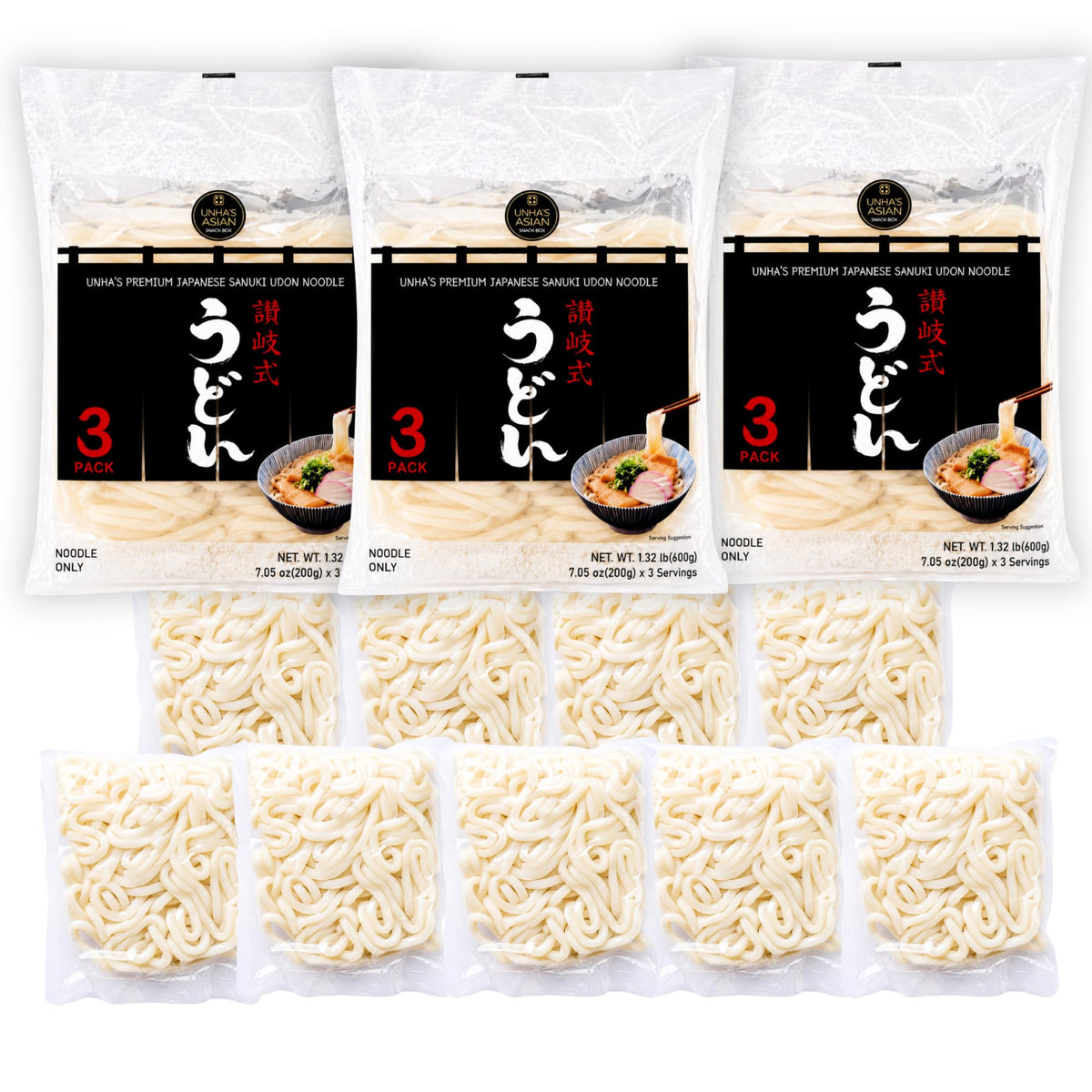 Unha's Japanese Sanuki Fresh Udon Noodles – 3-Pack Jumbo Chewy Noodles (22 oz Total), No Soup Included