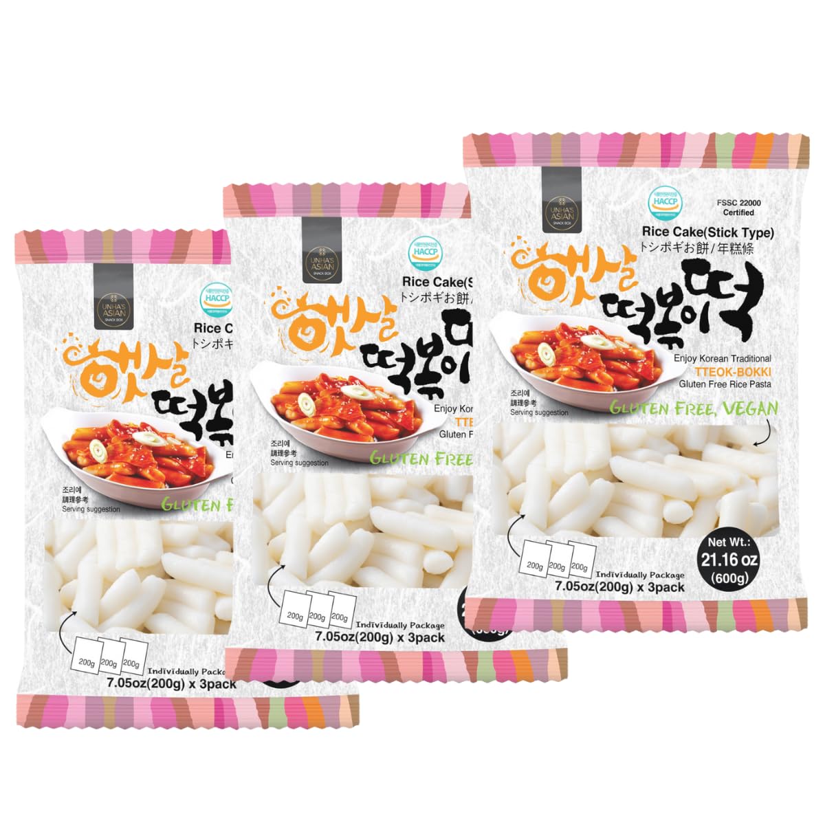 UNHA'S ASIAN SNACK BOX Korean Rice Cake Tteokbokki Stick – 3 Pack, Vegan, Non-GMO, Gluten Free | 21.16 oz per Pack
