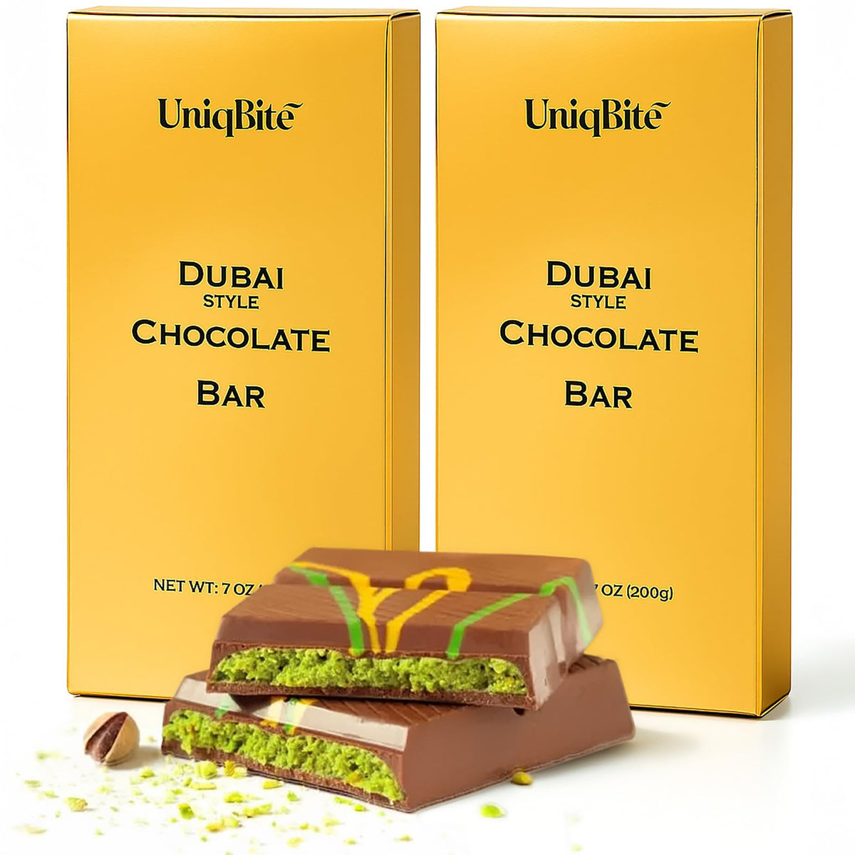 UniqBite Dubai Pistachio Crunch Chocolate Bar – Pistachio Cream & Kataifi, 2-Pack