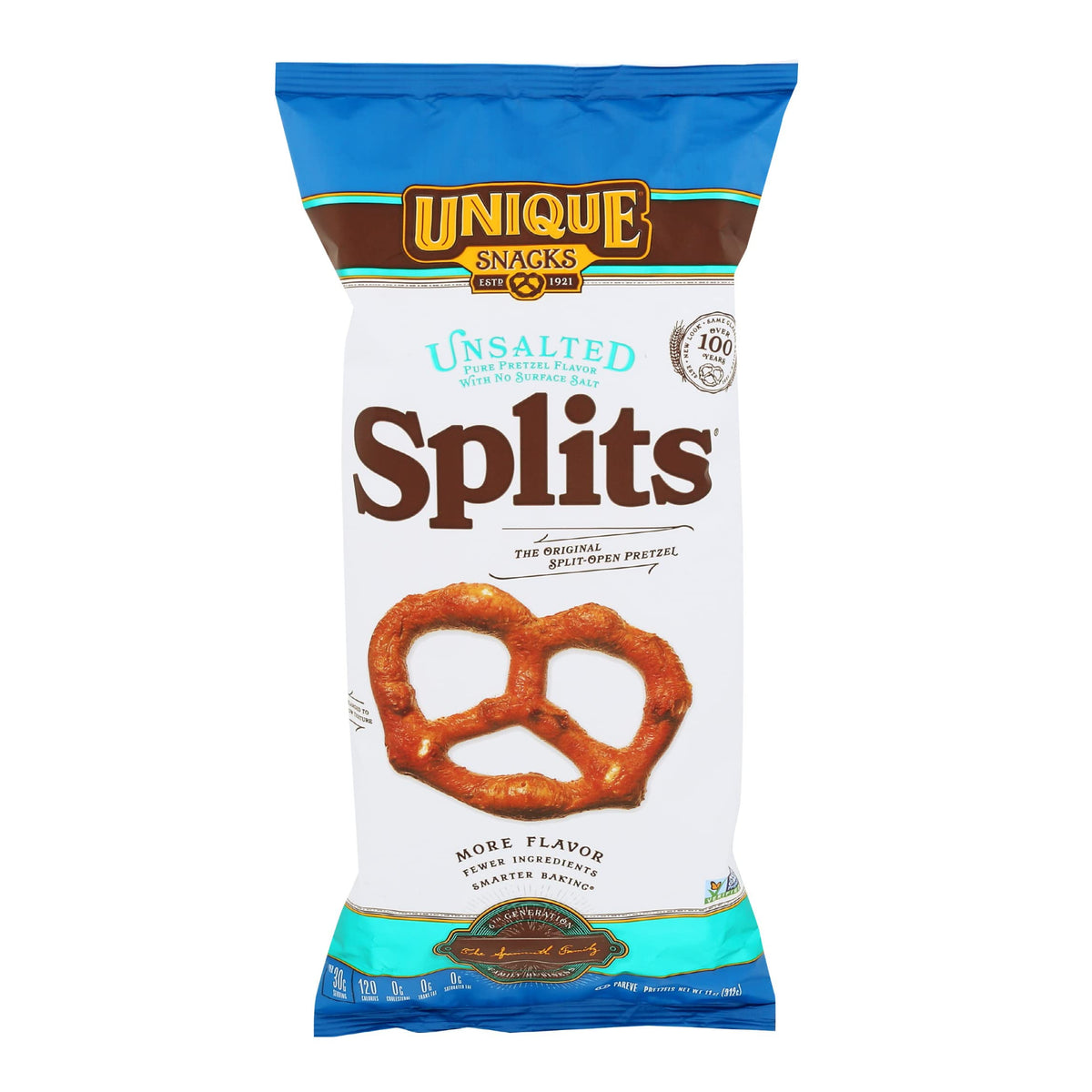 Unique Snacks Unsalted Splits Pretzels – Homestyle Baked, OU Kosher, Non-GMO, 11 oz Bag (6-Pack, 66 oz)