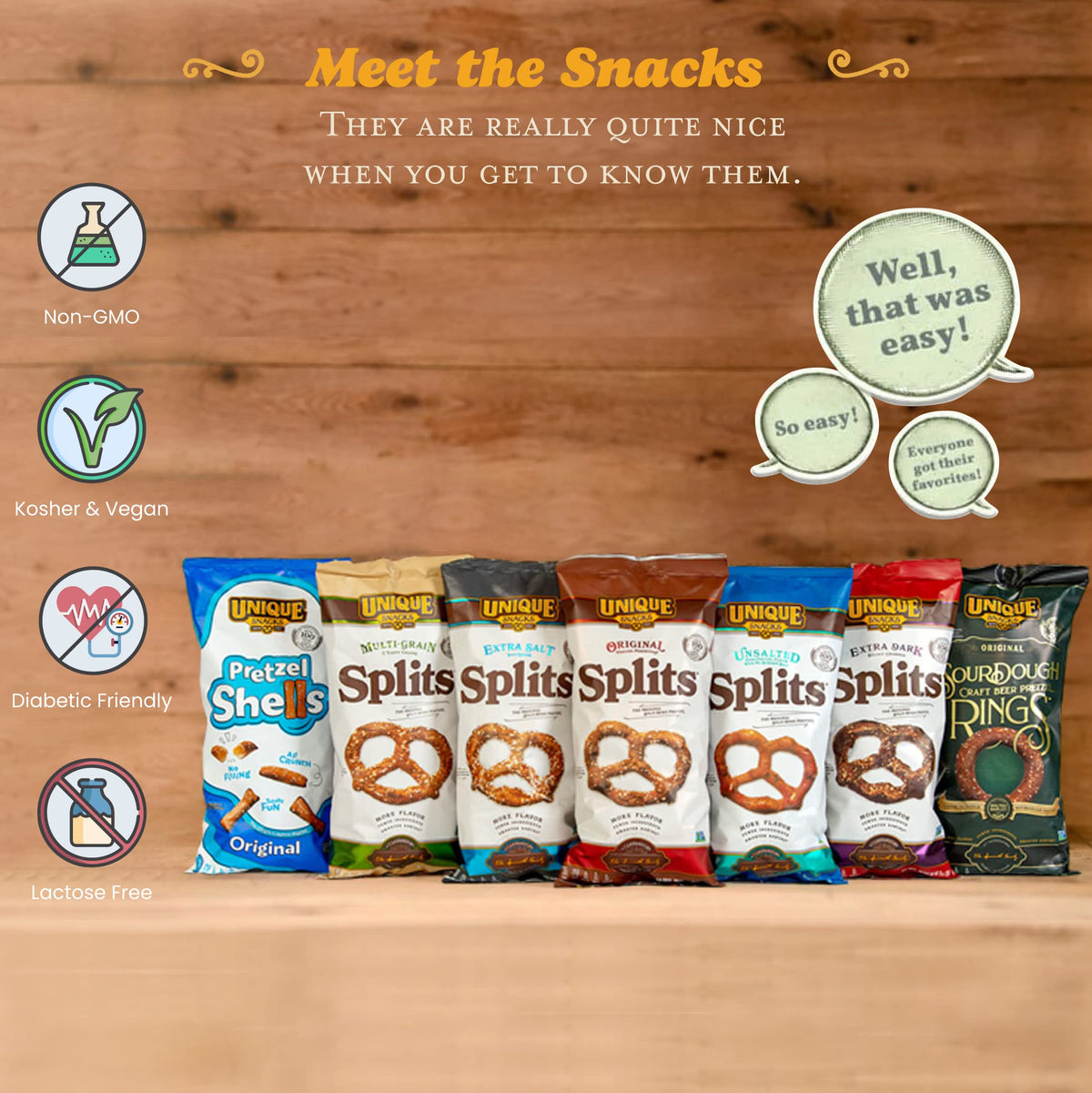 Unique Snacks Unsalted Splits Pretzels – Homestyle Baked, OU Kosher, Non-GMO, 11 oz Bag (6-Pack, 66 oz)