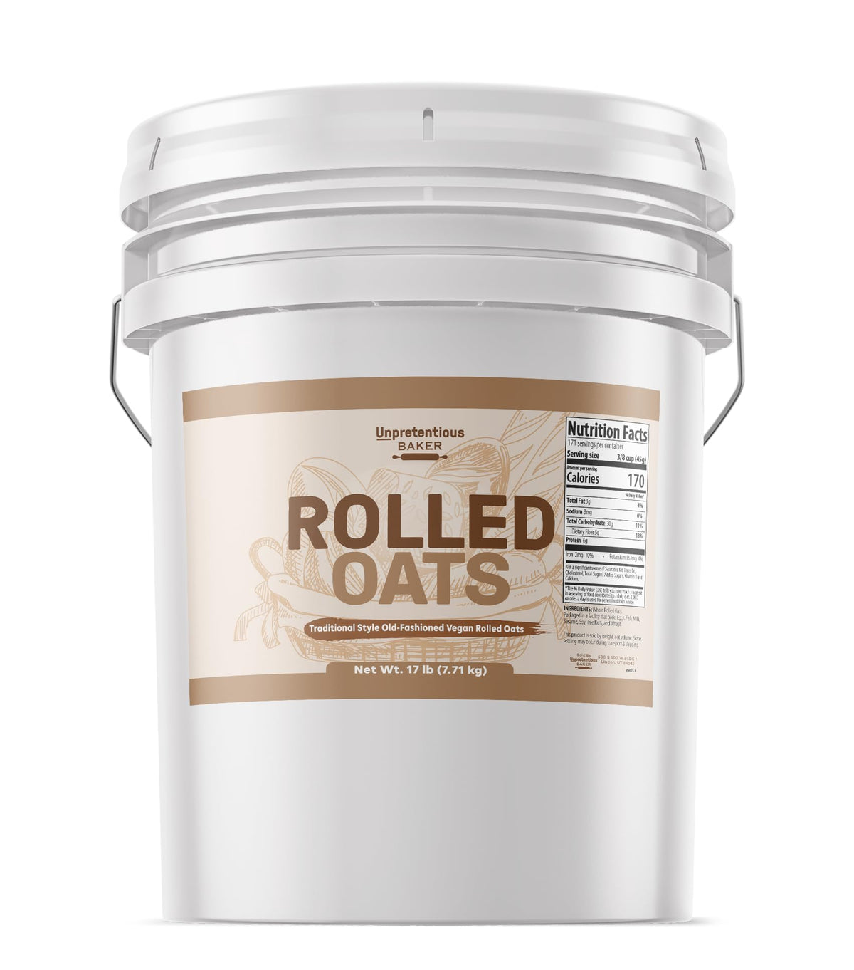 Unpretentious Rolled Oats — 5-Gallon Bucket, Old Fashioned Oats, Iron-Rich