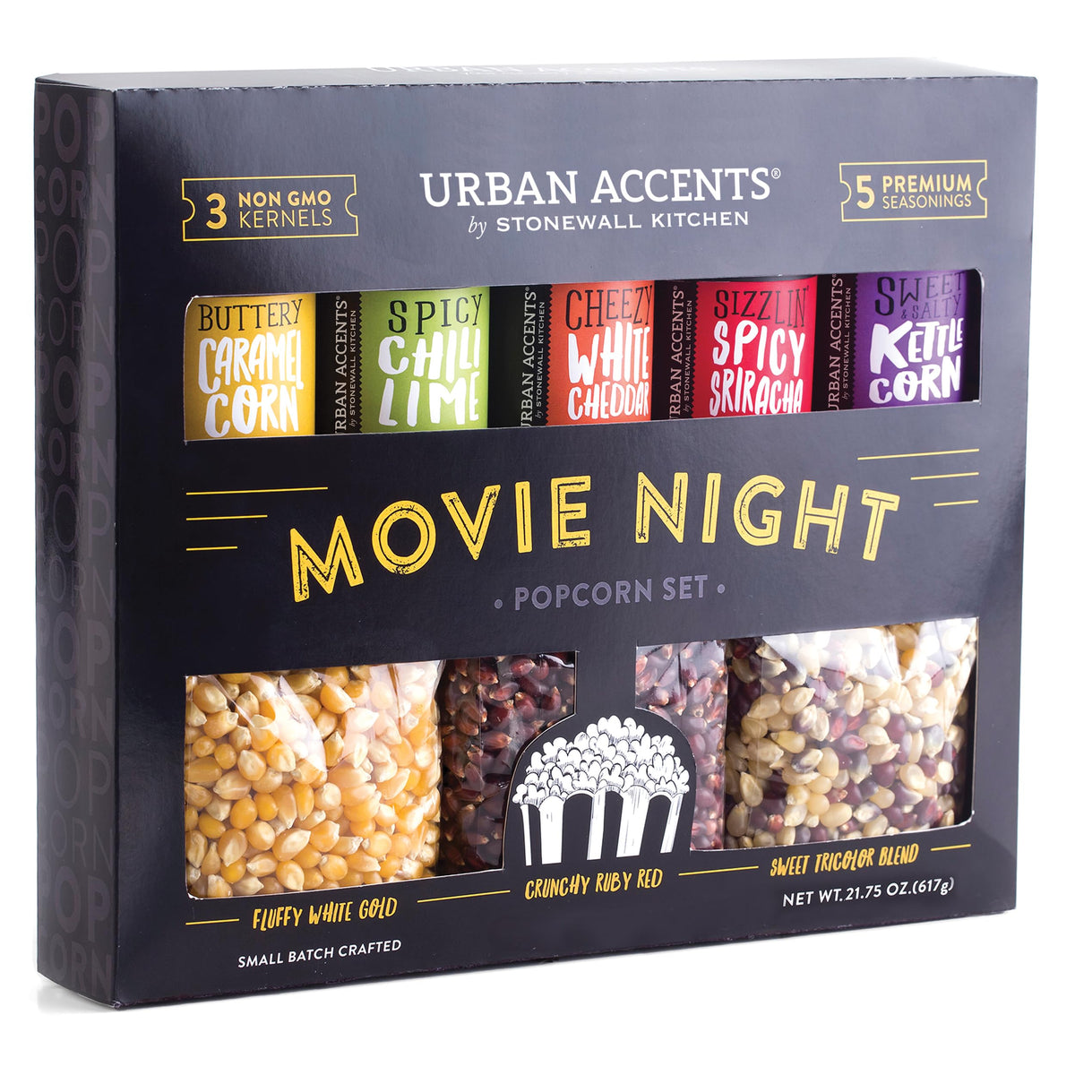 Urban Accents Movie Night Popcorn Gift Set | 3 Gourmet Kernels + 5 Flavorings