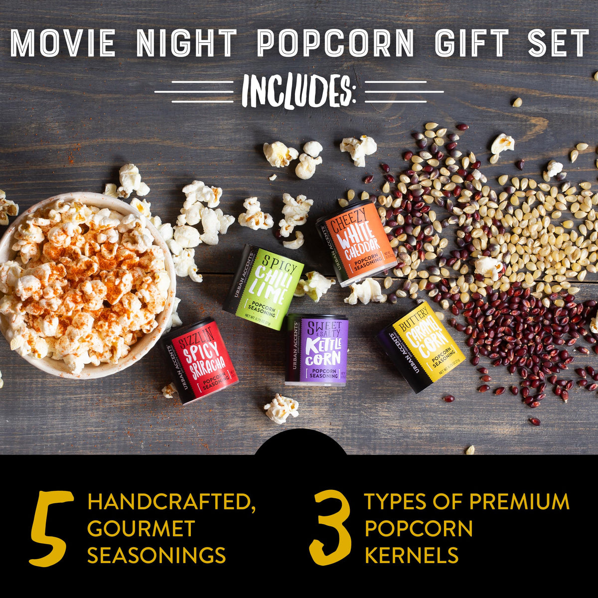 Urban Accents Movie Night Popcorn Gift Set | 3 Gourmet Kernels + 5 Flavorings