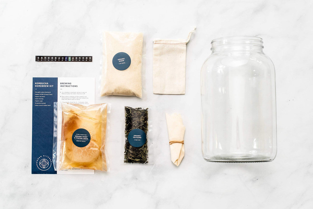 Urban Kitchen Kombucha Starter Kit: Organic SCOBY, Tea, Sugar, and 1-Gallon Glass Jar for Home Brewing