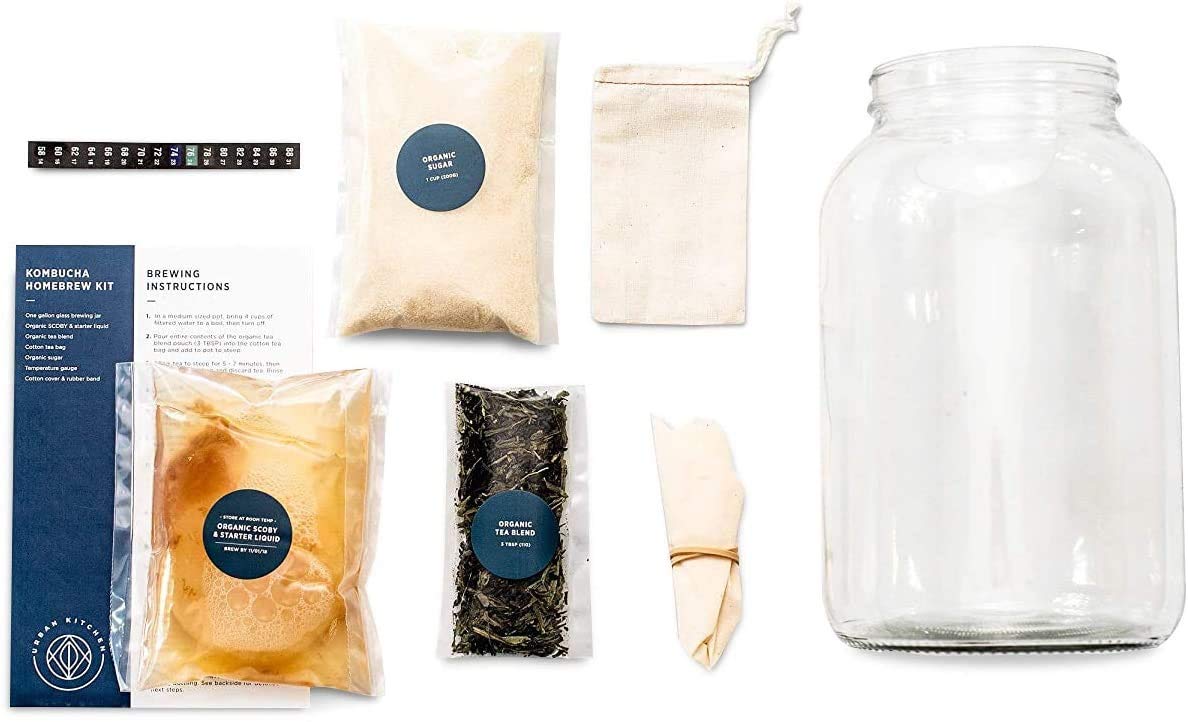 Urban Kitchen Kombucha Starter Kit: Organic SCOBY, Tea, Sugar, and 1-Gallon Glass Jar for Home Brewing