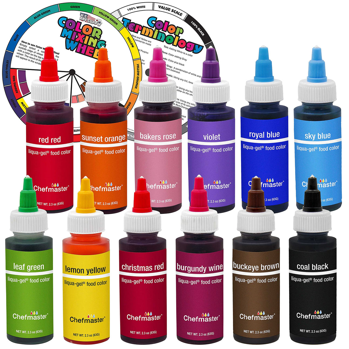 U.S. Cake Supply Liqua-Gel 12-Color Food Coloring Pack (2.3 oz) with Color Mixing Wheel – Made in USA