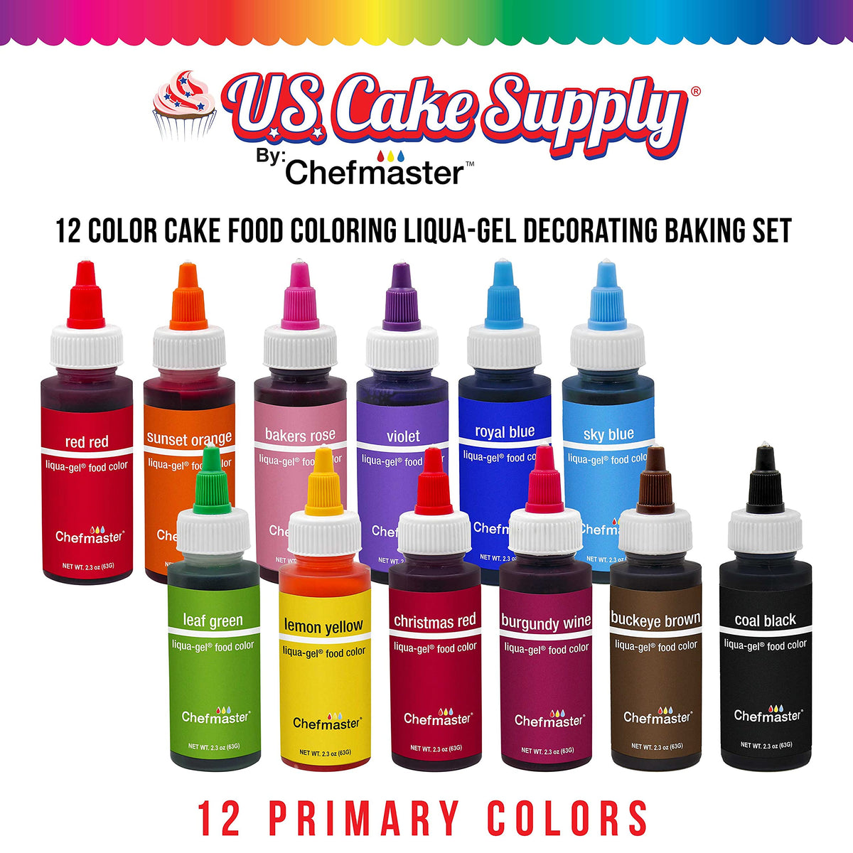 U.S. Cake Supply Liqua-Gel 12-Color Food Coloring Pack (2.3 oz) with Color Mixing Wheel – Made in USA