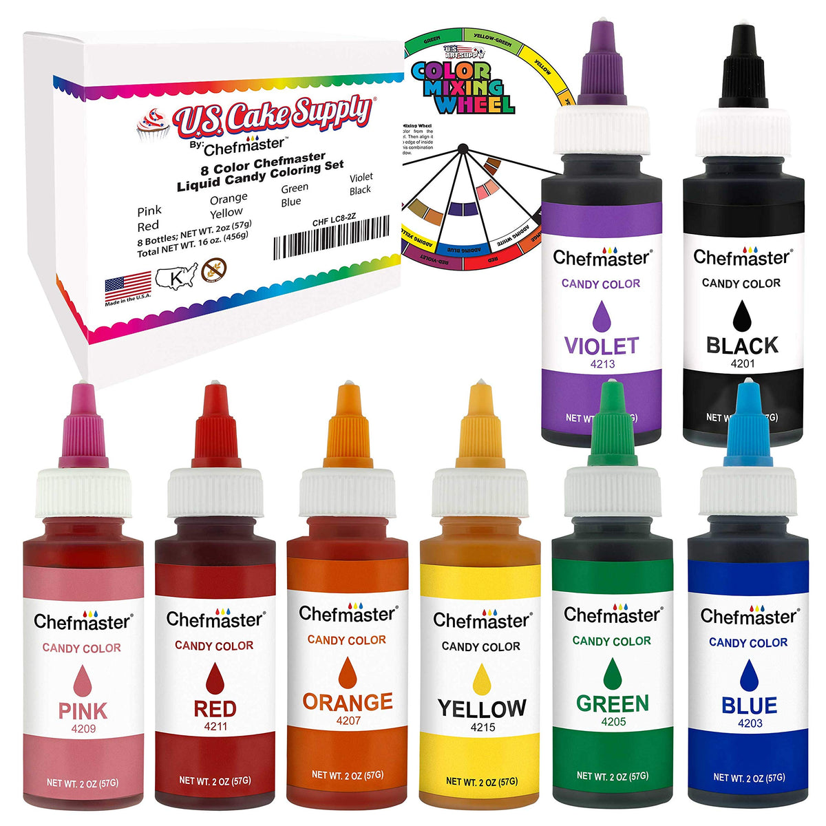 US Cake Supply 8-Bottle Liquid Candy Color Kit with Mixing Wheel — 2 oz Bottles for Chocolate & Candy