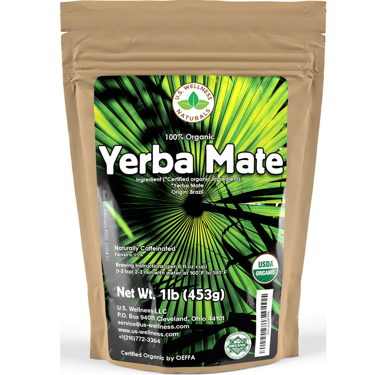 U.S. Wellness Naturals Yerba Mate Tea 1lb – Organic Super-Green, High-Caffeine, Rainforest-Grown