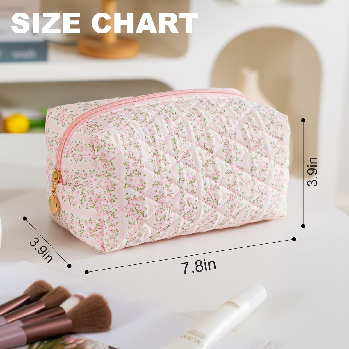 UUYUUY Makeup Bag Travel Toiletry Bag for Women, Small Cosmetic Bags Cute Quilted Cotton Makeup Pouch for Purse Emergency Bag Pencil Case Accessory Bag, Pastel Pink