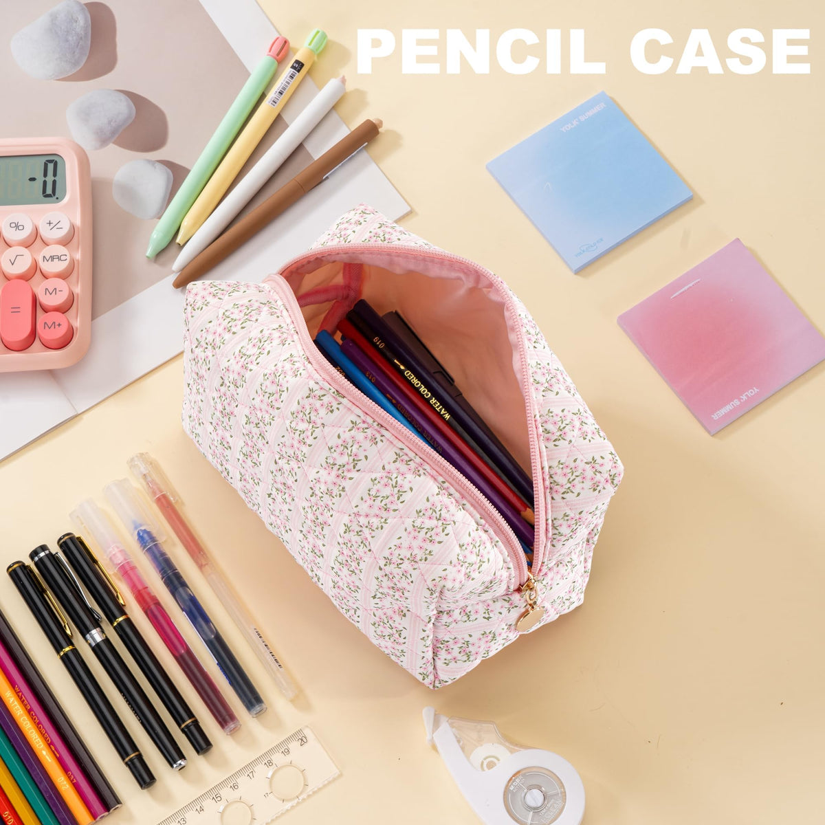 UUYUUY Makeup Bag Travel Toiletry Bag for Women, Small Cosmetic Bags Cute Quilted Cotton Makeup Pouch for Purse Emergency Bag Pencil Case Accessory Bag, Pastel Pink