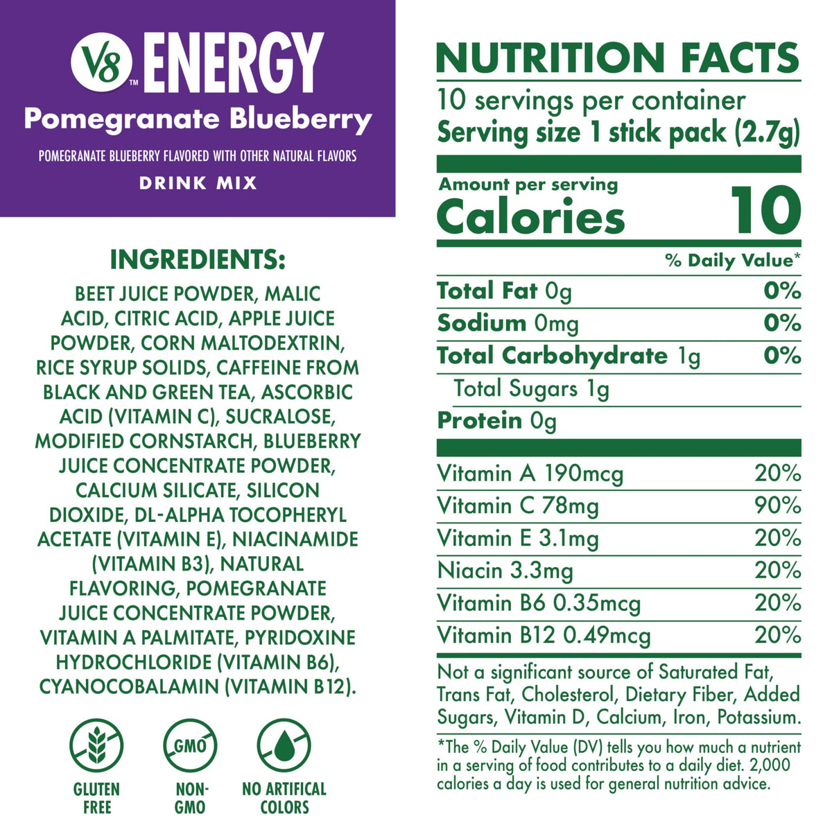 V8 Energy Pomegranate Blueberry Powder Drink Mix – 120 Packets, 80 mg Caffeine, Gluten-Free