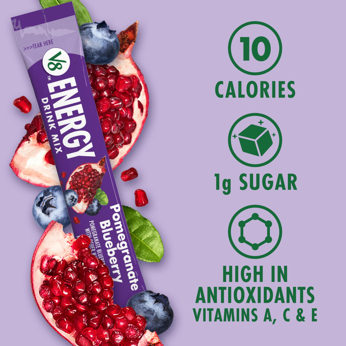 V8 Energy Pomegranate Blueberry Powder Drink Mix – 120 Packets, 80 mg Caffeine, Gluten-Free