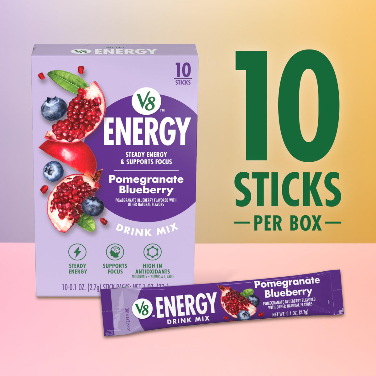 V8 Energy Pomegranate Blueberry Powder Drink Mix – 120 Packets, 80 mg Caffeine, Gluten-Free