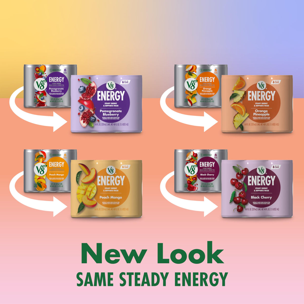 V8 +Energy 4-Flavor Juice Energy Drinks, 8 oz Cans, 24 Pack — Peach Mango, Orange Pineapple, Black Cherry, Pomegranate Blueberry