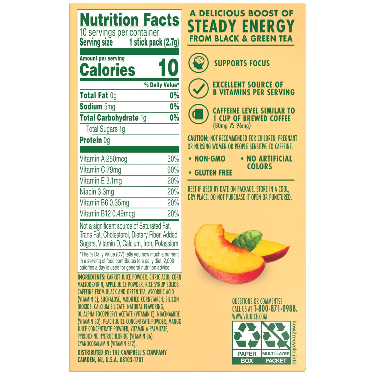 V8 Energy Peach Mango Powder Drink Mix – 120 Packets, 80mg Caffeine, Gluten-Free