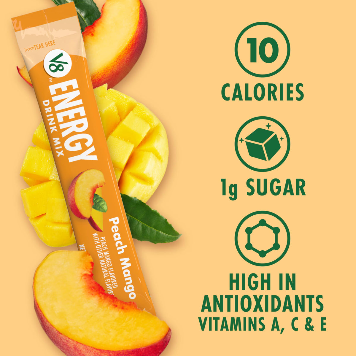 V8 Energy Peach Mango Powder Drink Mix – 120 Packets, 80mg Caffeine, Gluten-Free