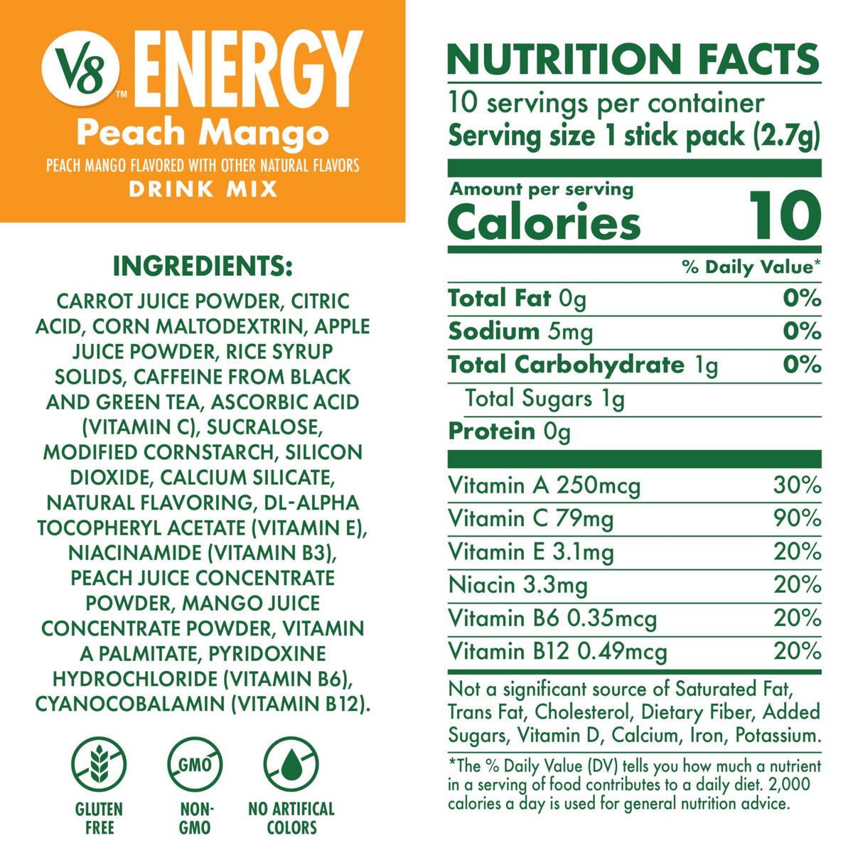 V8 Energy Peach Mango Powder Drink Mix – 120 Packets, 80mg Caffeine, Gluten-Free