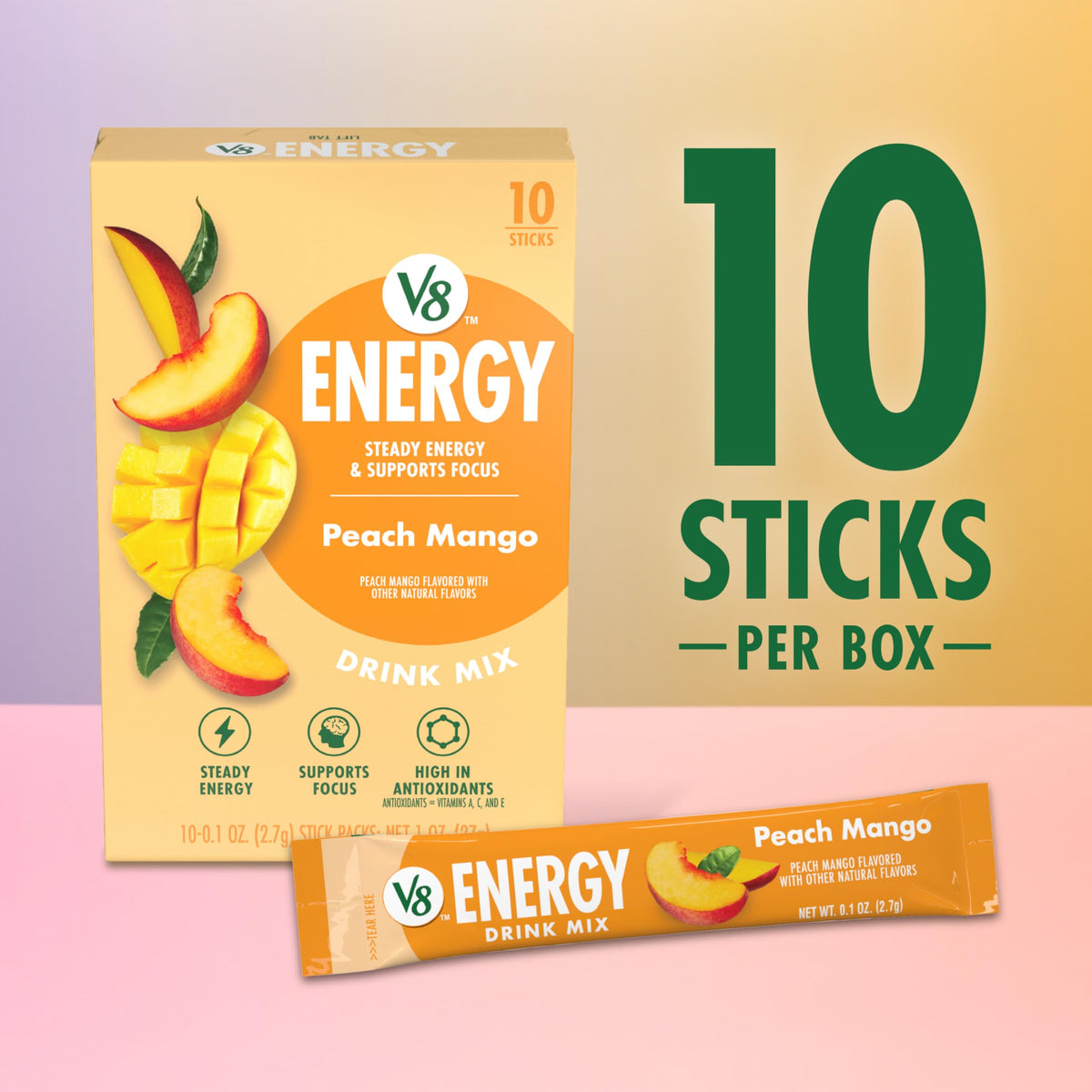 V8 Energy Peach Mango Powder Drink Mix – 120 Packets, 80mg Caffeine, Gluten-Free
