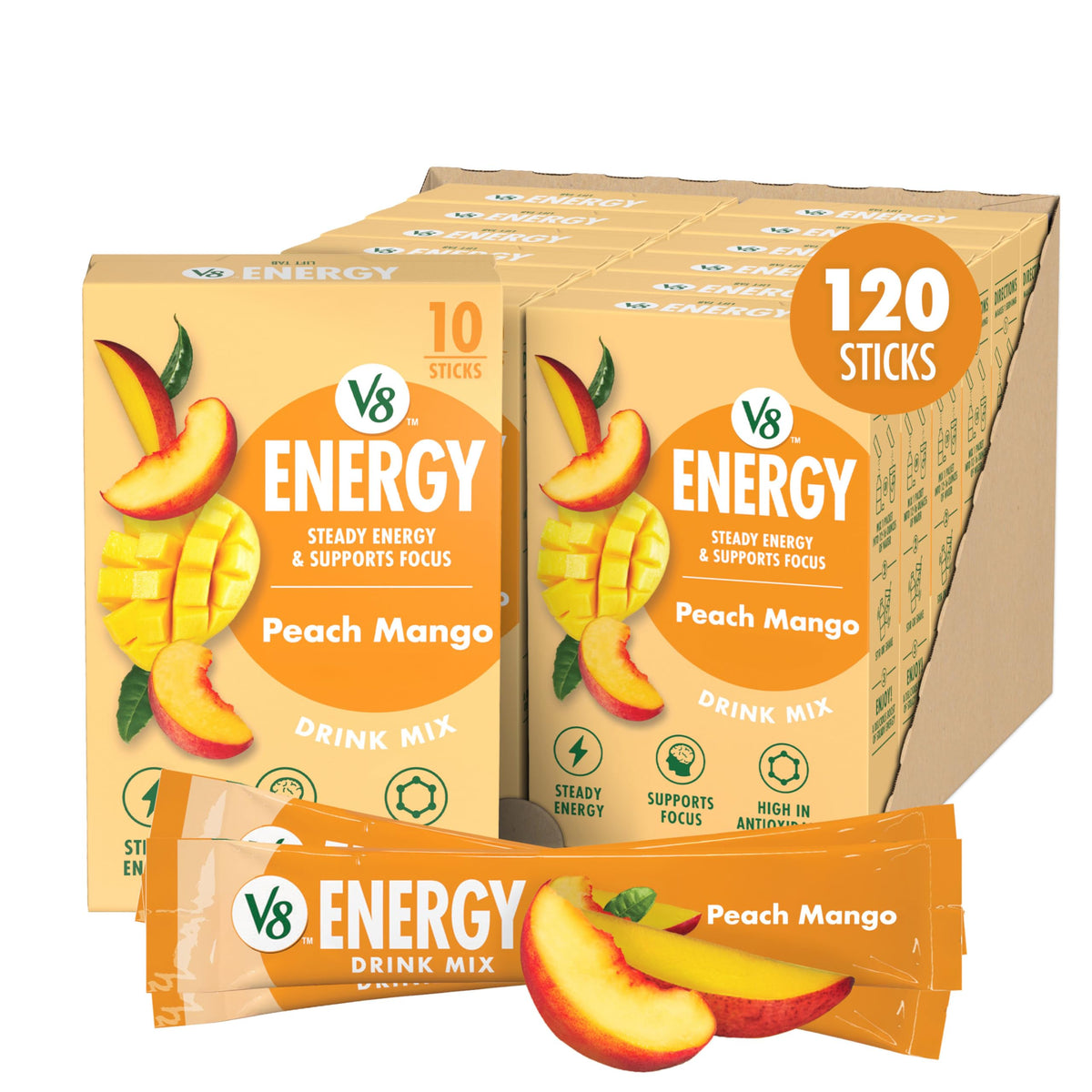 V8 Energy Peach Mango Powder Drink Mix – 120 Packets, 80mg Caffeine, Gluten-Free