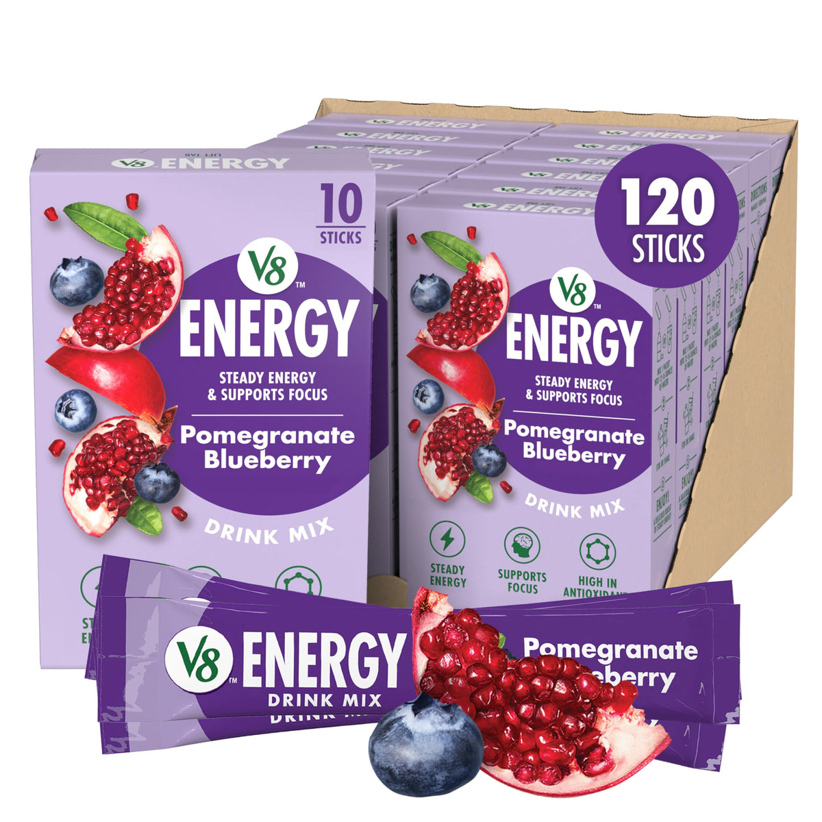 V8 Energy Pomegranate Blueberry Powder Drink Mix – 120 Packets, 80 mg Caffeine, Gluten-Free