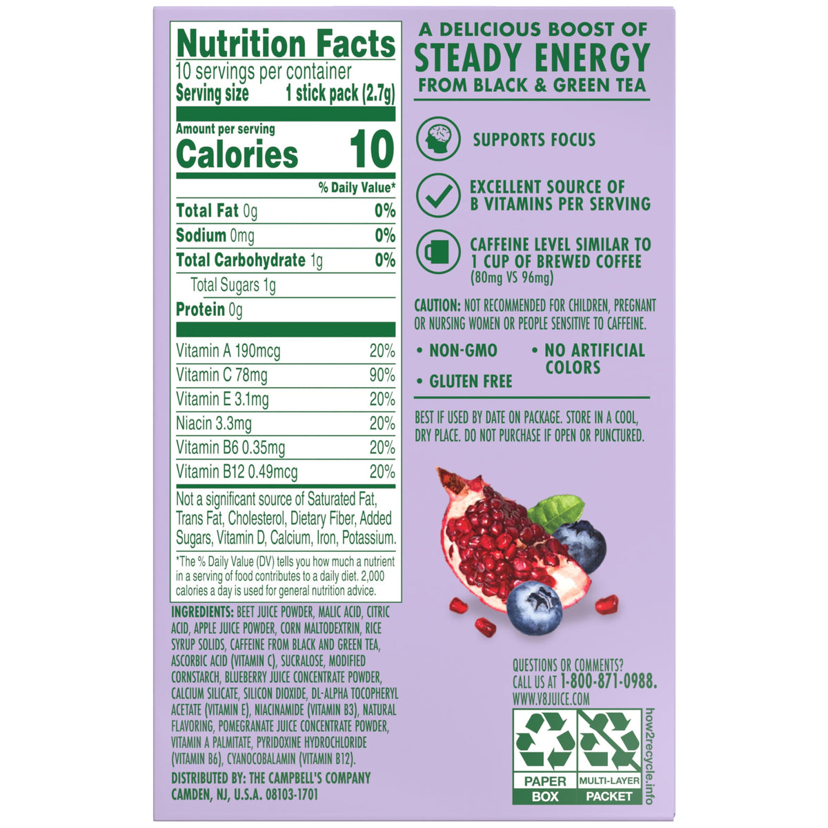V8 Energy Pomegranate Blueberry Powder Drink Mix – 120 Packets, 80 mg Caffeine, Gluten-Free