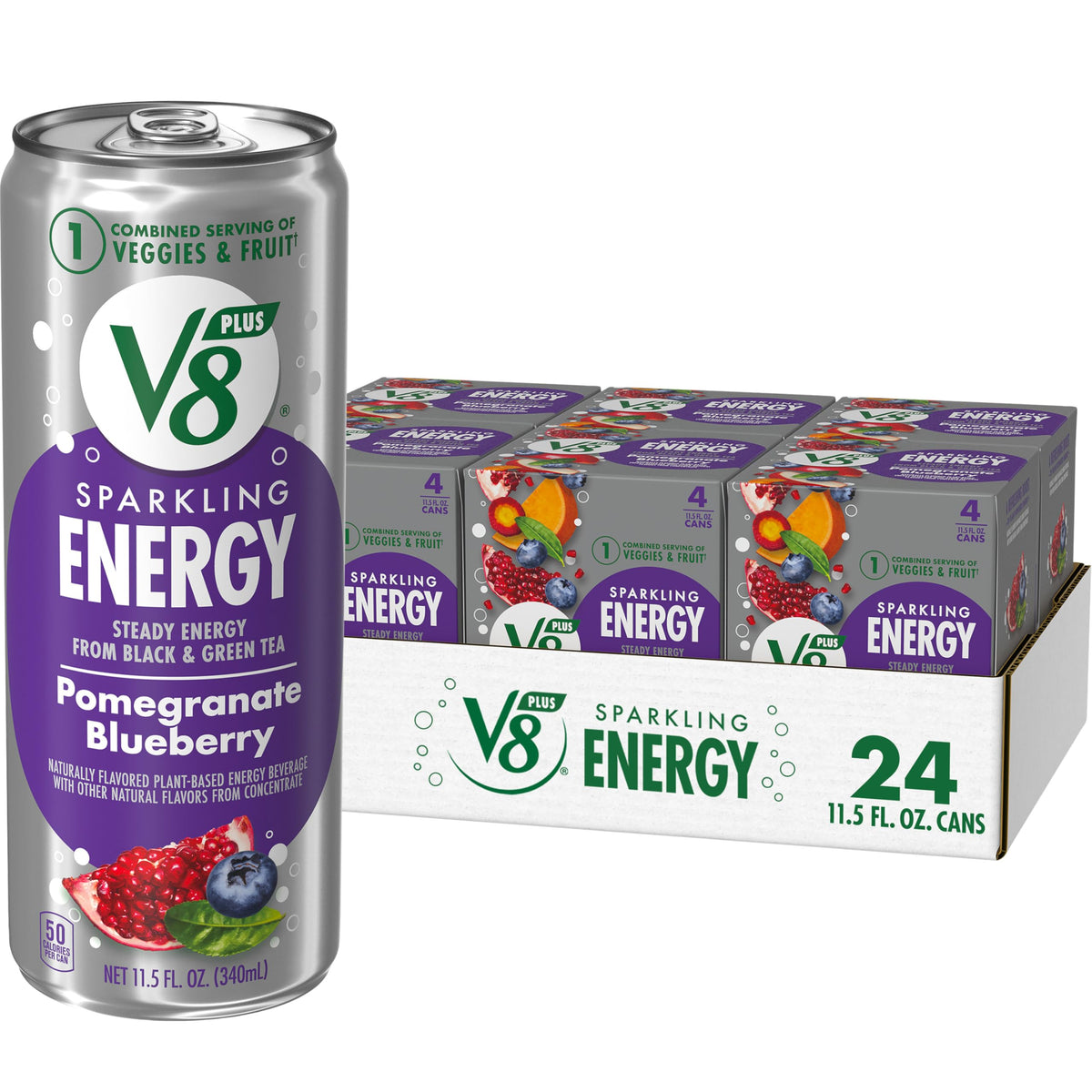 V8 +Energy Sparkling Pomegranate Blueberry Juice Energy Drink — 11.5 fl oz Can (24 Pack)