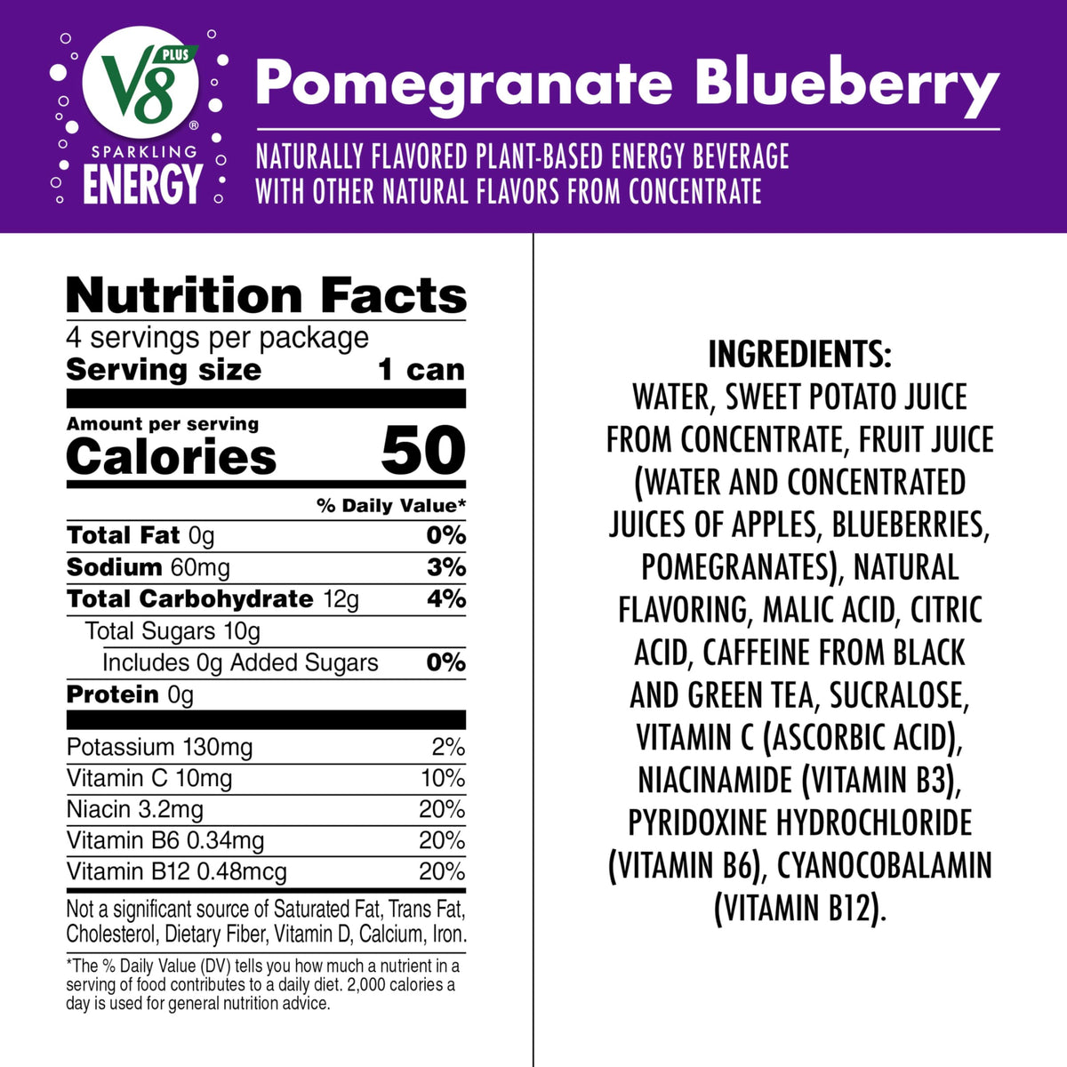 V8 +Energy Sparkling Pomegranate Blueberry Juice Energy Drink — 11.5 fl oz Can (24 Pack)