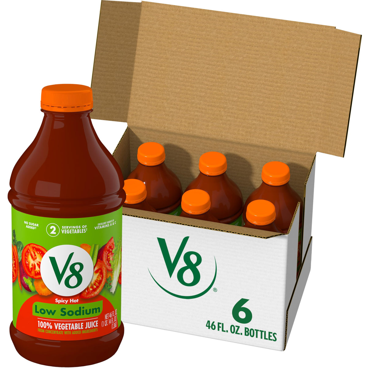V8 Low Sodium Spicy Hot 100% Vegetable Juice – 46 oz Bottle (6 Pack) | Gluten Free, Non-GMO
