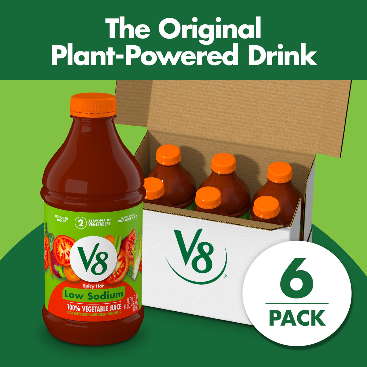 V8 Low Sodium Spicy Hot 100% Vegetable Juice – 46 oz Bottle (6 Pack) | Gluten Free, Non-GMO