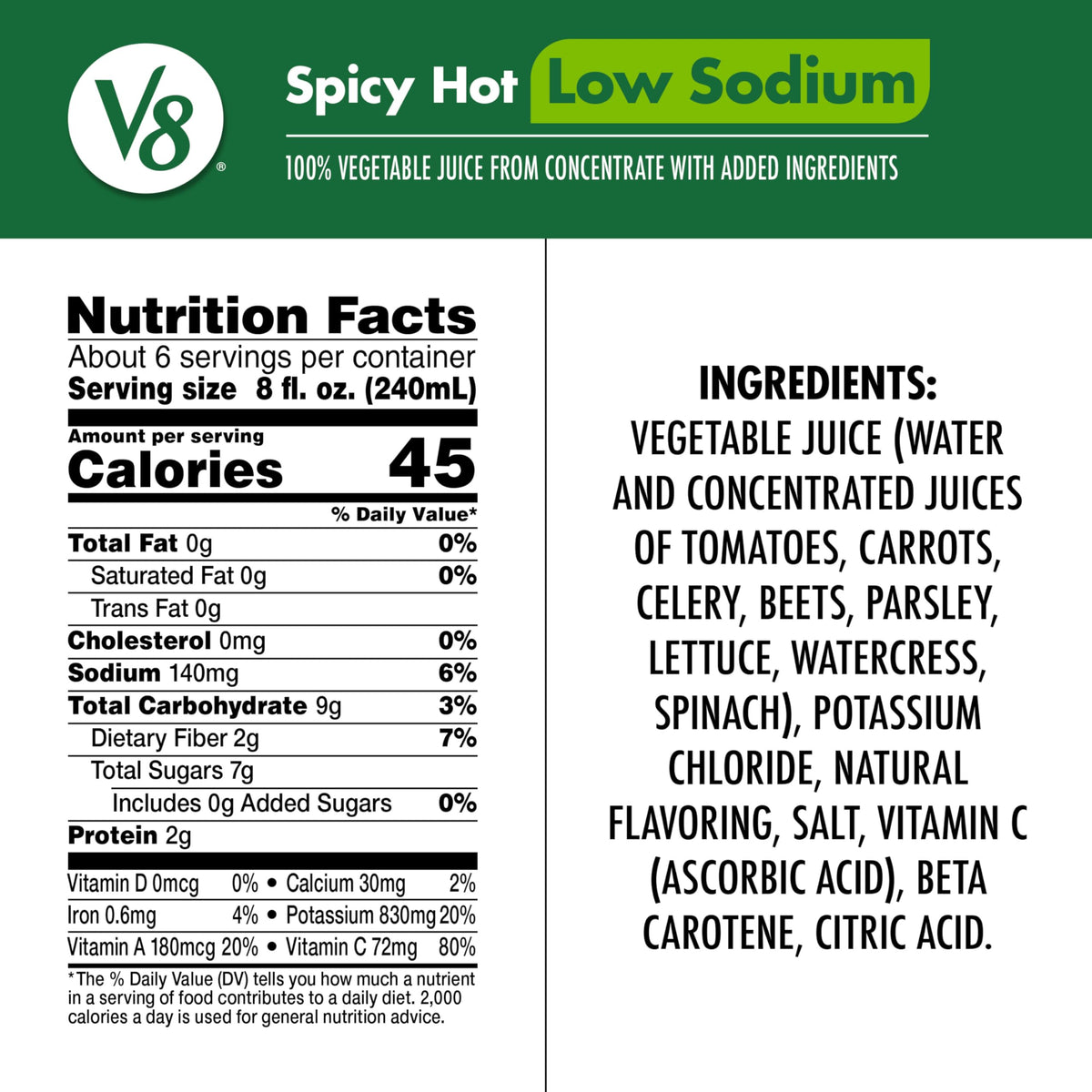 V8 Low Sodium Spicy Hot 100% Vegetable Juice – 46 oz Bottle (6 Pack) | Gluten Free, Non-GMO
