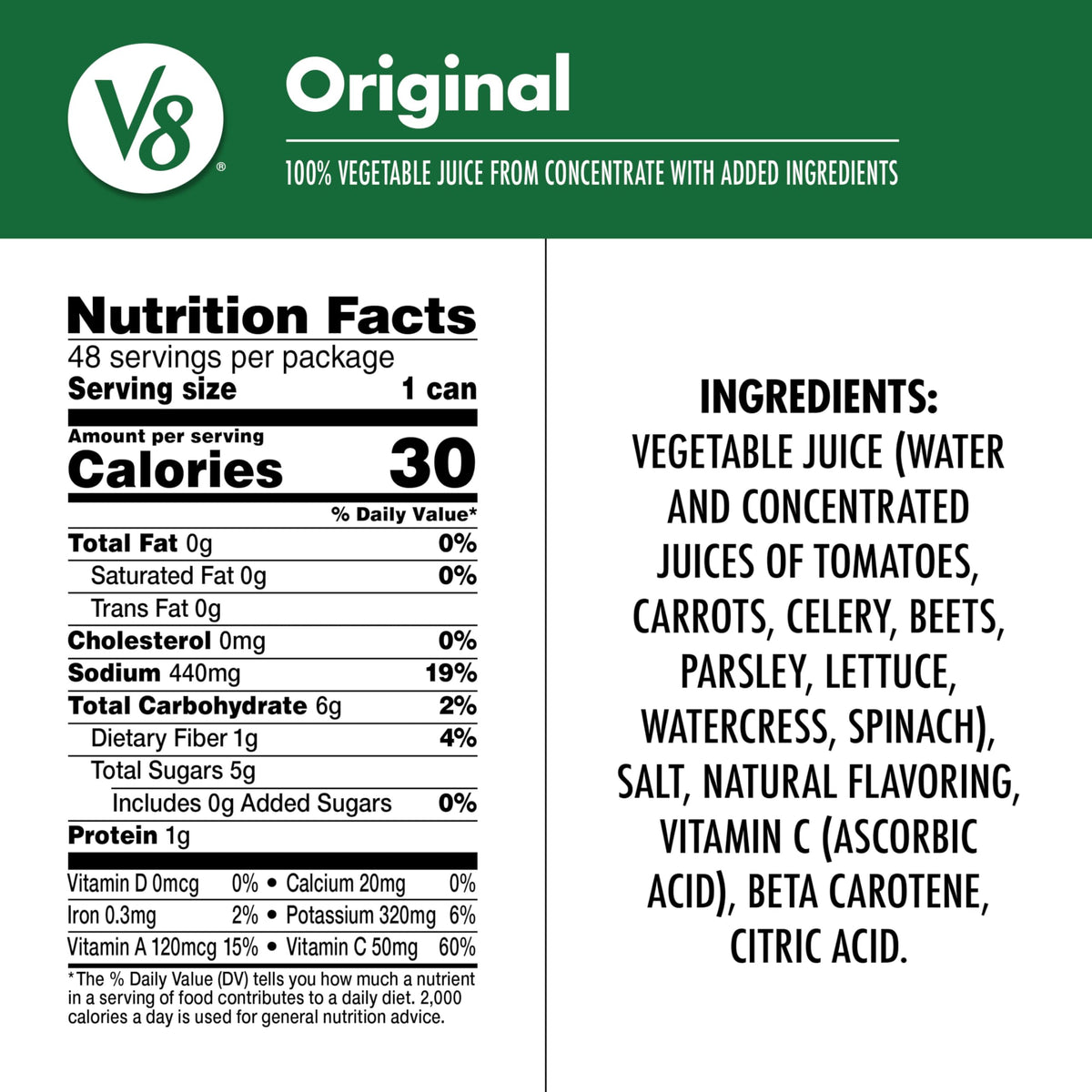 V8 Original 100% Vegetable Juice – 5.5 fl oz Can (48 Pack)