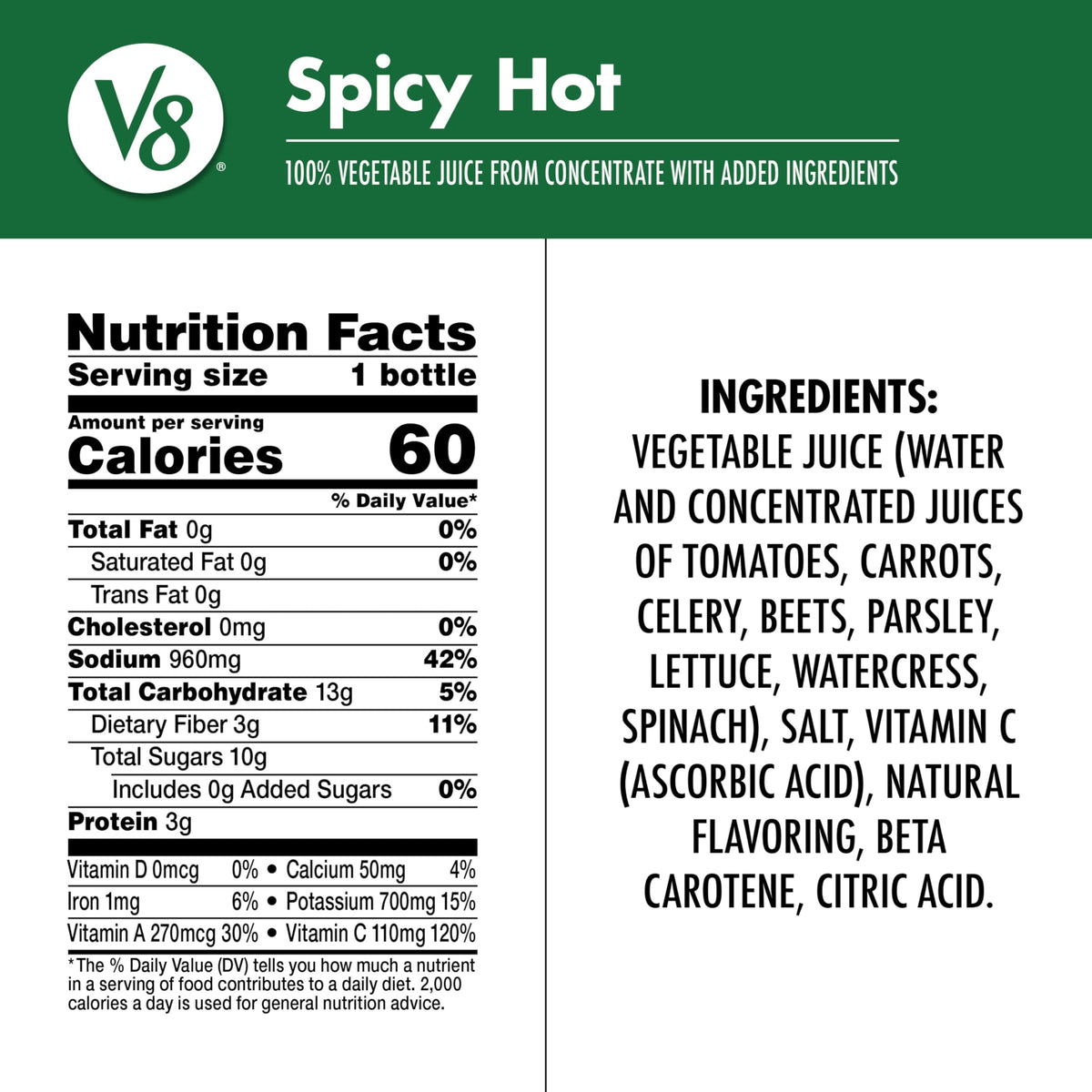 V8 Spicy Hot 100% Vegetable Juice – 12 Fl Oz Bottle (12 Pack)