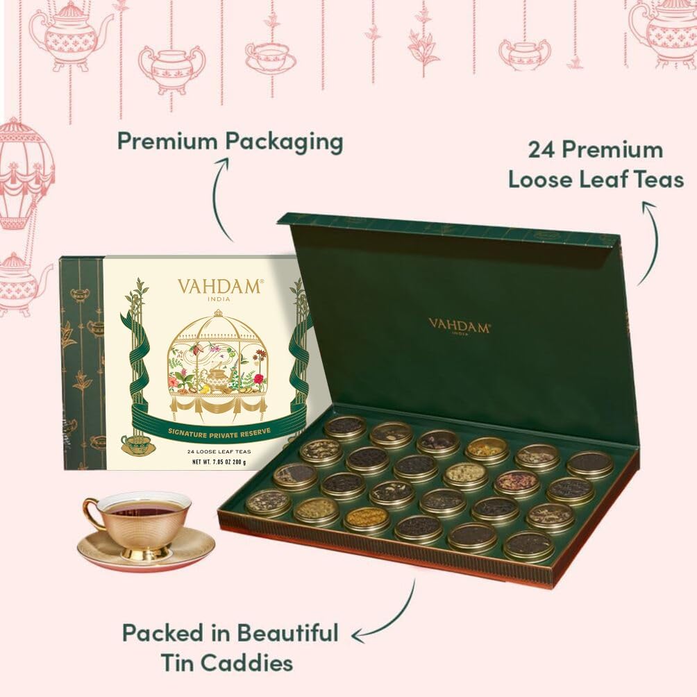 VAHDAM Luxury Tea Gift Set for Mom – 24 Loose Leaf Teas in Premium Tin Caddies | Mother's Day Gift, Gluten Free & Non-GMO