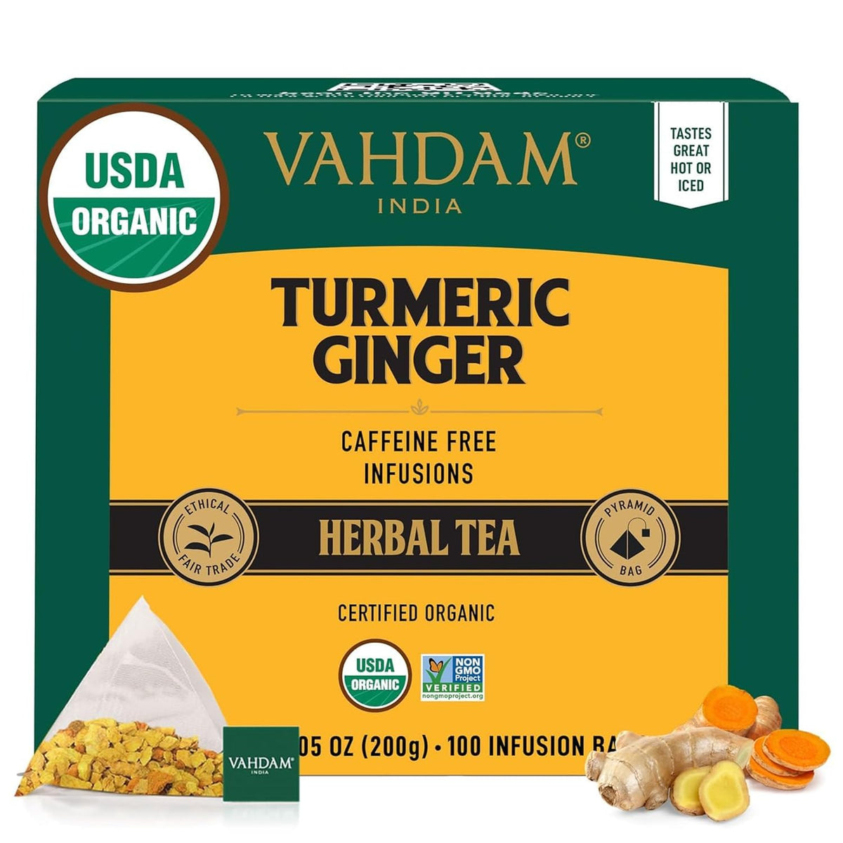 VAHDAM Organic Turmeric Ginger Herbal Tea Bags – 100 Pyramid Bags, Caffeine Free