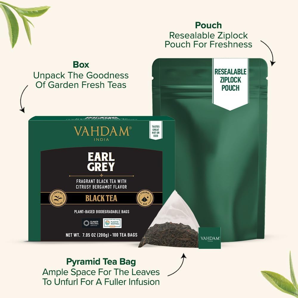 VAHDAM Earl Grey Black Tea Bags – Citrus Bergamot, Medium Caffeine, 100 Count | Non-GMO & Gluten Free