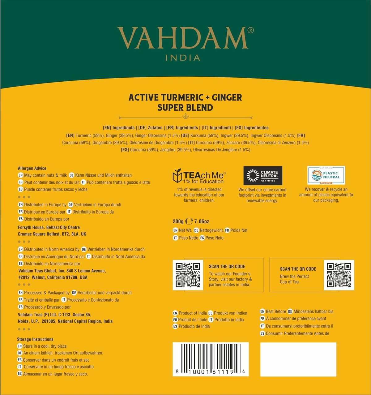 VAHDAM Organic Turmeric Ginger Herbal Tea Bags – 100 Pyramid Bags, Caffeine Free