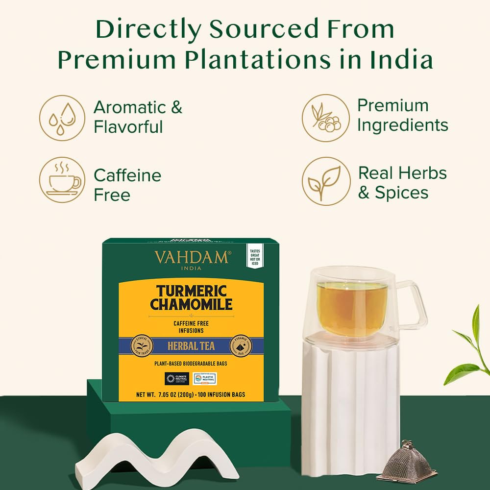 VAHDAM Turmeric Chamomile Tea Bags – Caffeine-Free Herbal Tisane (100 Bags)