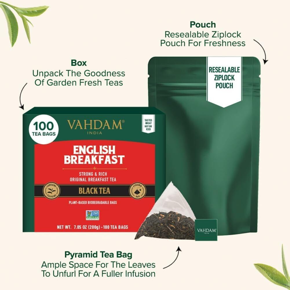 VAHDAM English Breakfast Black Tea Bags – 100 Count, High Caffeine, Full-Bodied & Rich Flavor | Pyramid Tea Bags