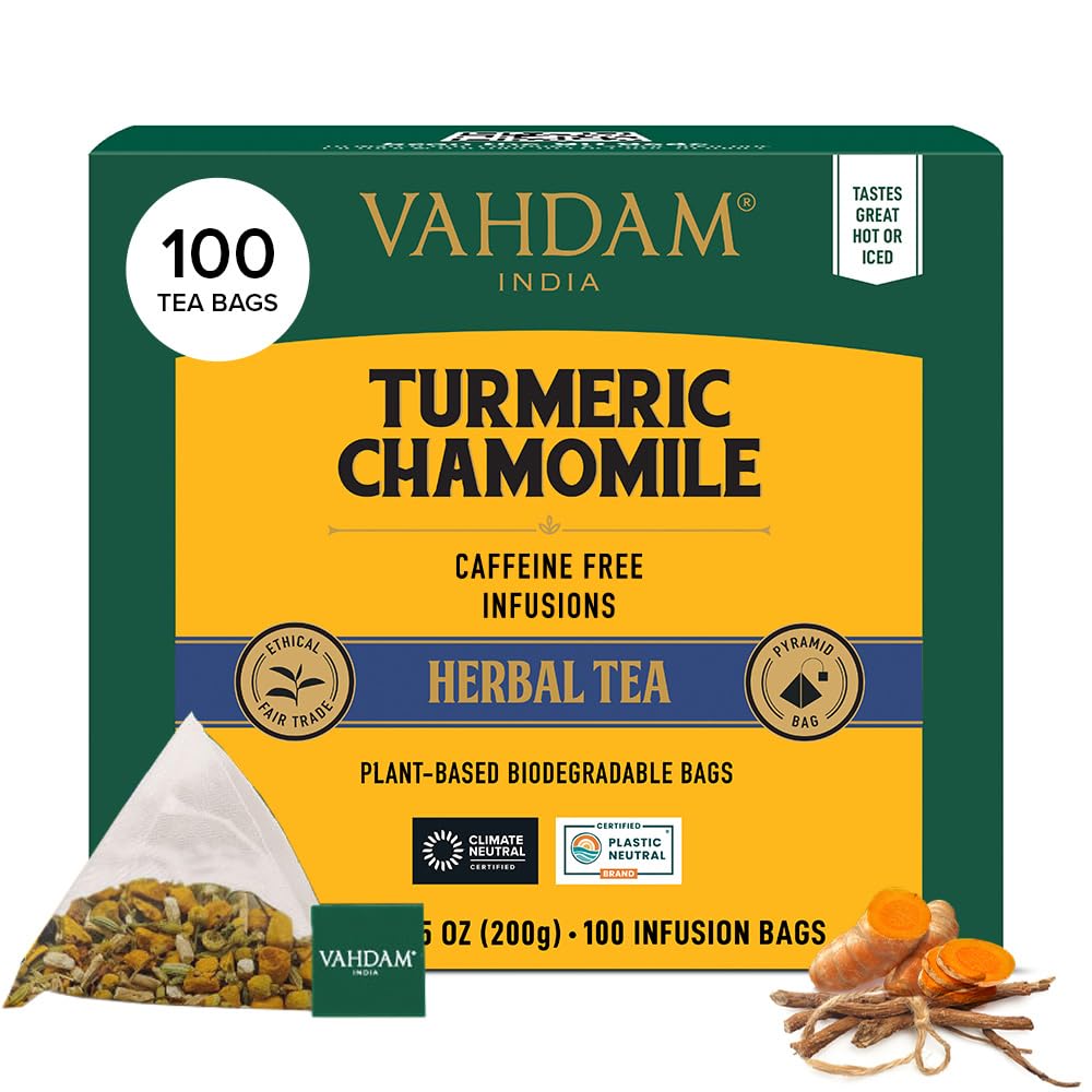 VAHDAM Turmeric Chamomile Tea Bags – Caffeine-Free Herbal Tisane (100 Bags)