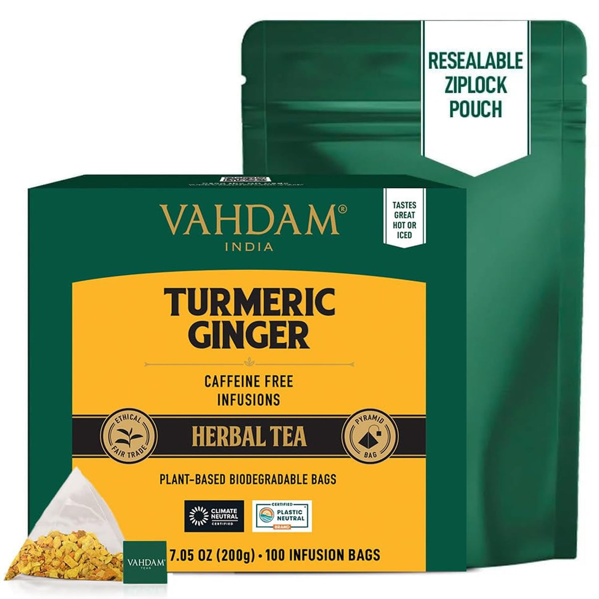 VAHDAM Organic Turmeric Ginger Herbal Tea Bags – 100 Pyramid Bags, Caffeine Free