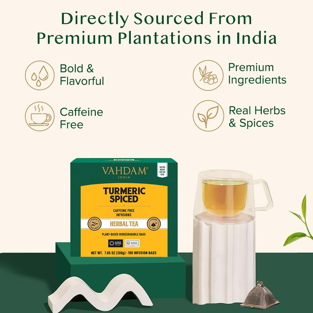 VAHDAM Turmeric Spice Herbal Tea Bags – Caffeine Free Turmeric Ginger Tisane (100 Pyramid Bags) | Non-GMO & Gluten Free