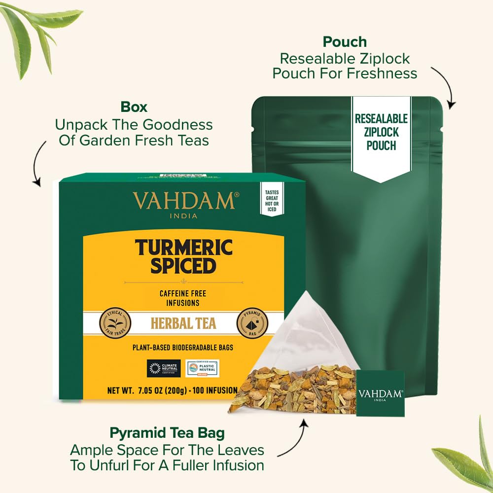 VAHDAM Turmeric Spice Herbal Tea Bags – Caffeine Free Turmeric Ginger Tisane (100 Pyramid Bags) | Non-GMO & Gluten Free