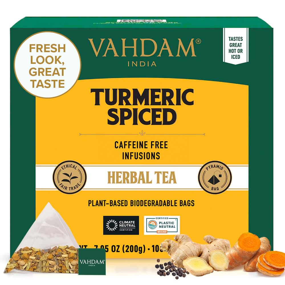 VAHDAM Turmeric Spice Herbal Tea Bags – Caffeine Free Turmeric Ginger Tisane (100 Pyramid Bags) | Non-GMO & Gluten Free