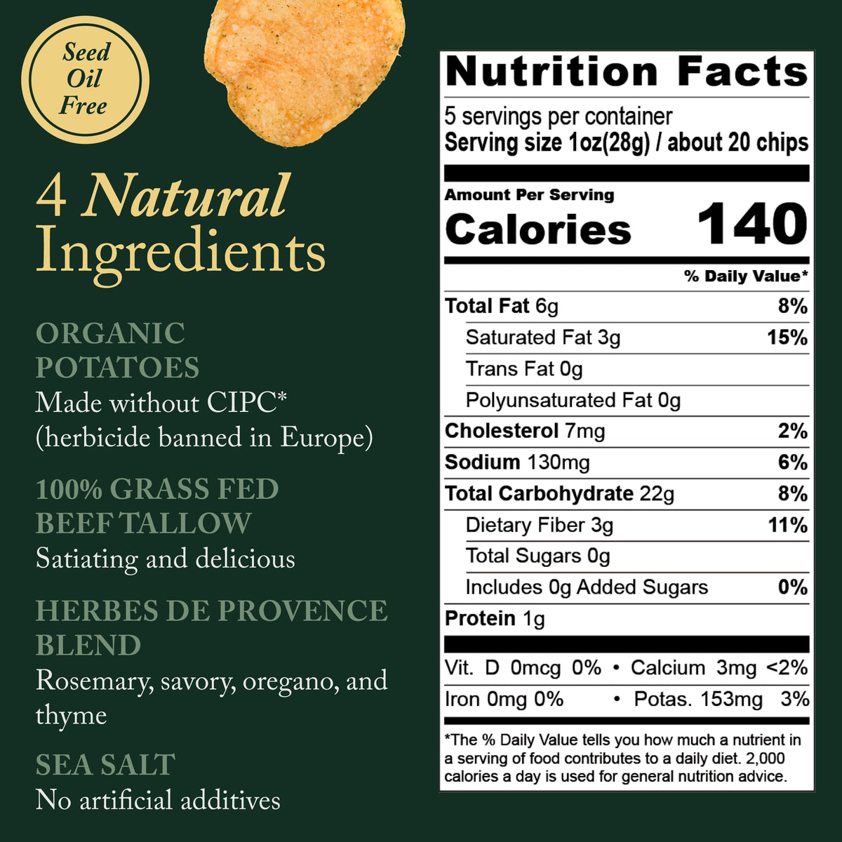 Vandy Crisps Potato Chips – Seed Oil Free, Gluten Free with Beef Tallow & Herbes de Provence (2-Pack, 5 oz each)