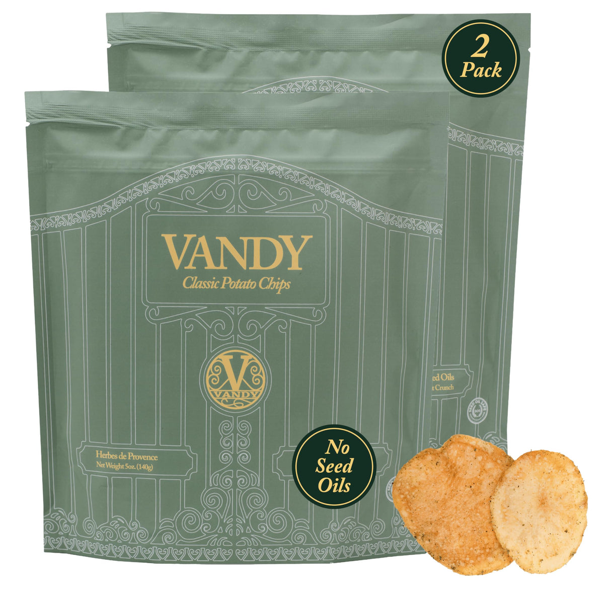 Vandy Crisps Potato Chips – Seed Oil Free, Gluten Free with Beef Tallow & Herbes de Provence (2-Pack, 5 oz each)