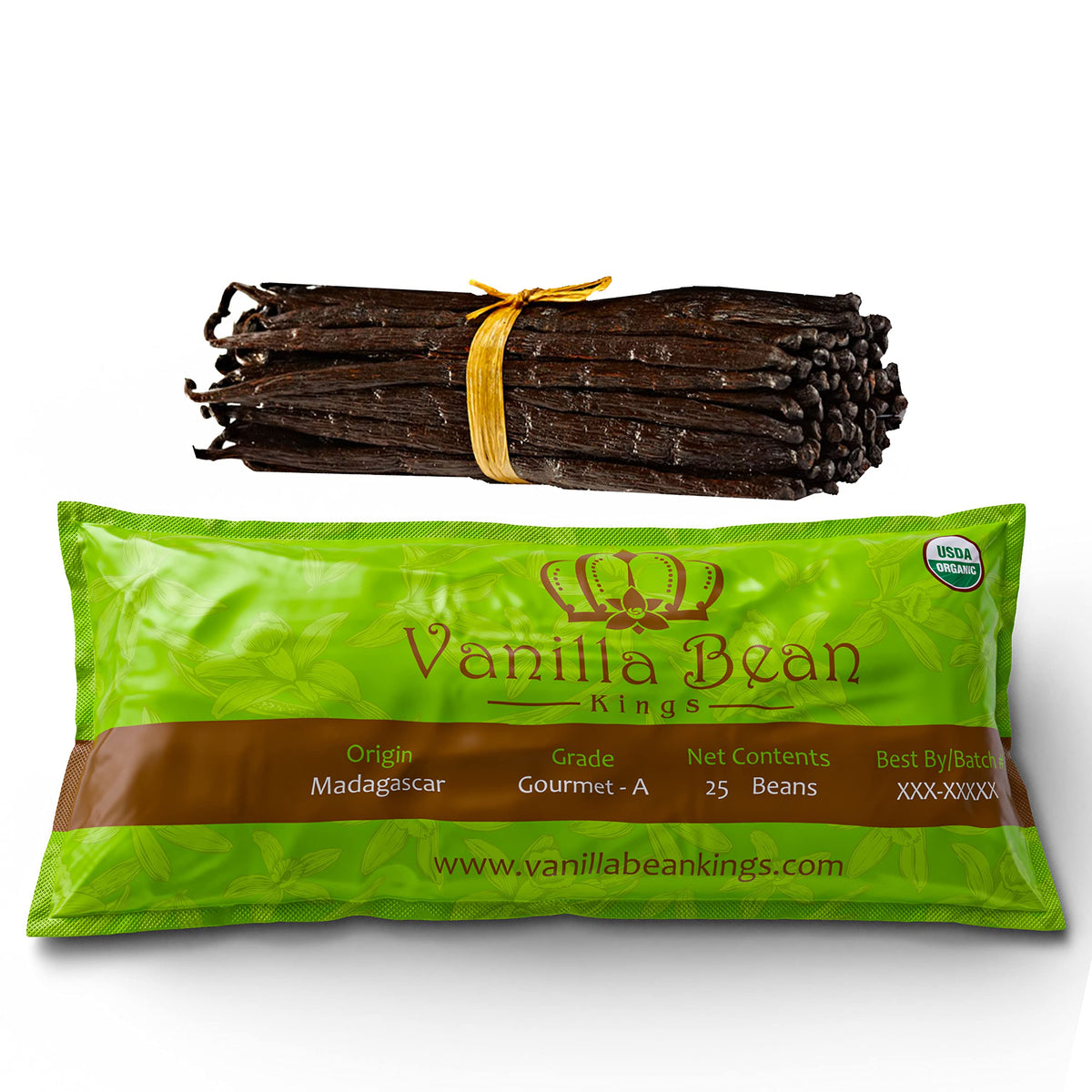 Vanilla Bean Kings | 25 Organic Madagascar Whole Grade A Vanilla Pods for Vanilla Extract & Baking